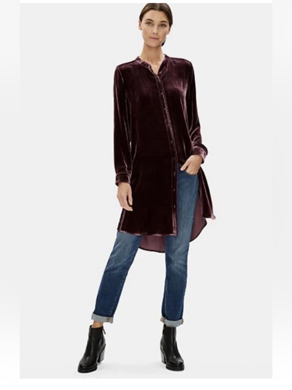 Eileen Fisher Velvet Silk Blend Button Front L/S Shirt Dress - Wine size XL